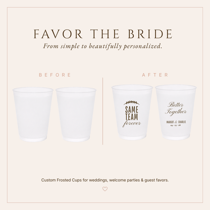 Same Team Forever wedding cups featuring frosted white cups, football-inspired artwork, and personalized wedding details.