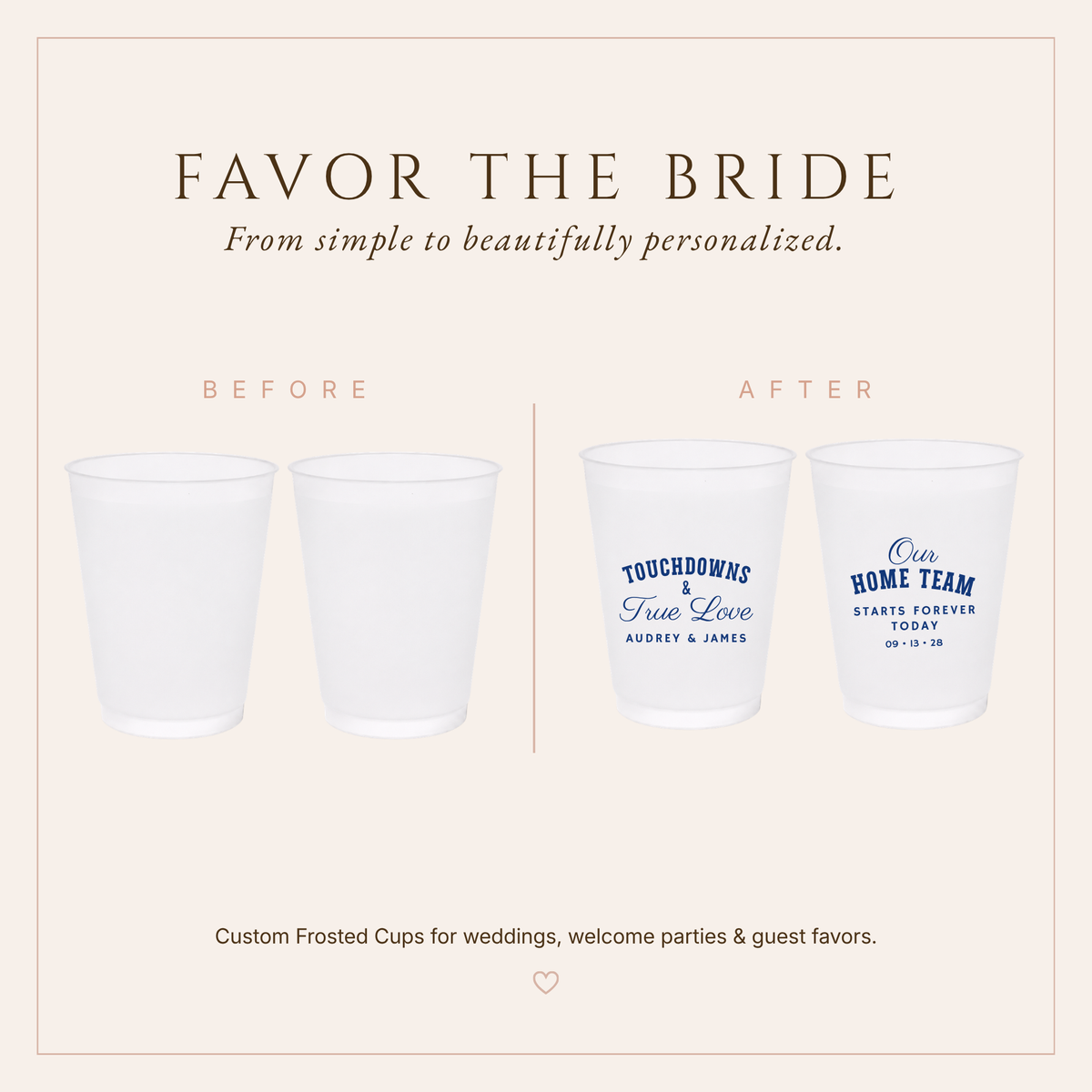 Touchdowns & True Love wedding cups featuring frosted white cups, royal blue sports-inspired lettering, and personalized wedding details.