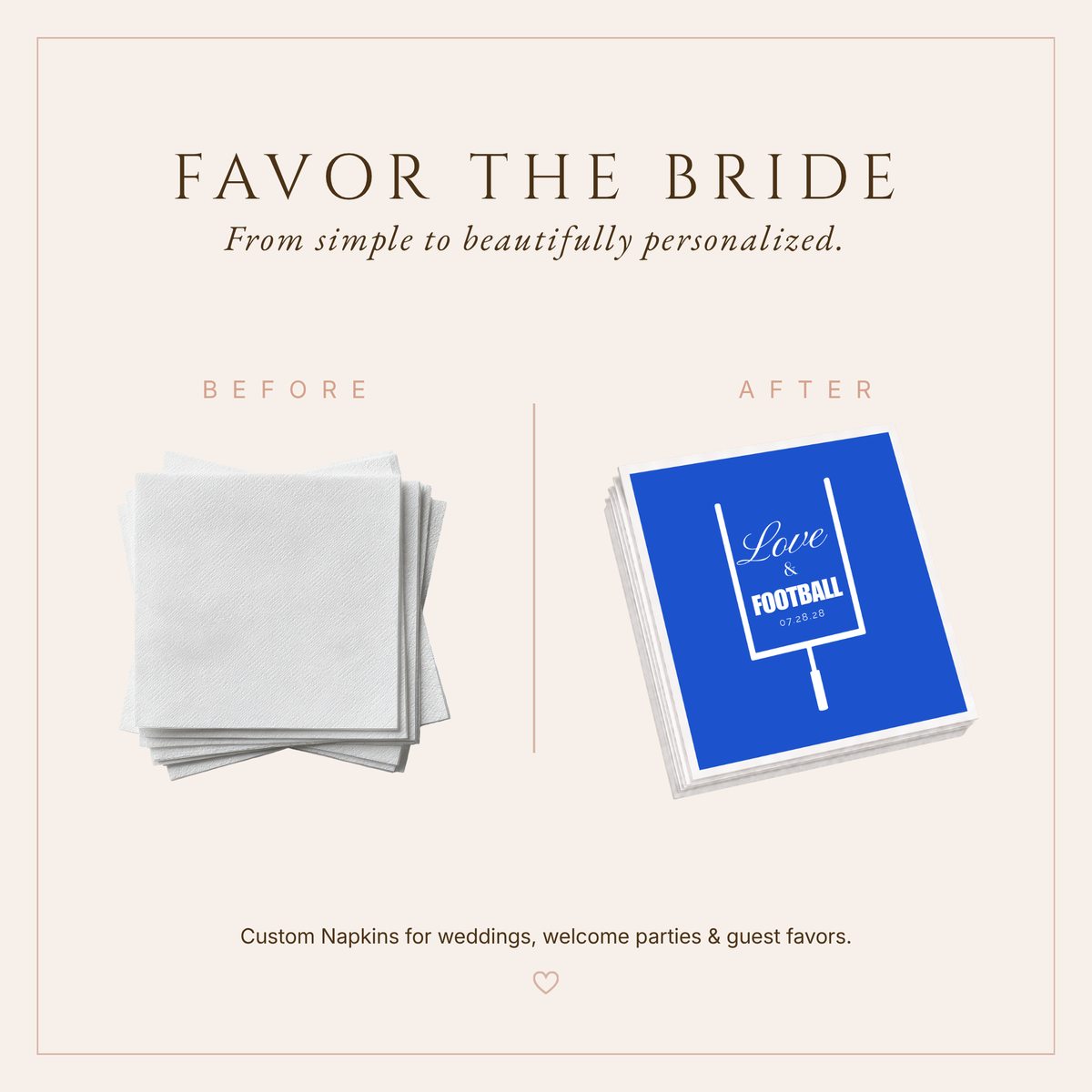 Blue and white football themed wedding napkins featuring romantic Love lettering, bold Football text, and goalpost artwork.