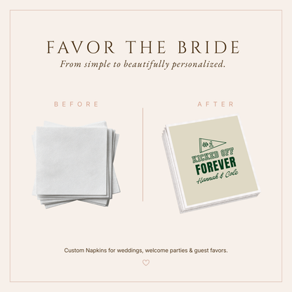 Kicked Off Forever wedding napkins featuring a neutral background, deep green football artwork, and personalized wedding details.