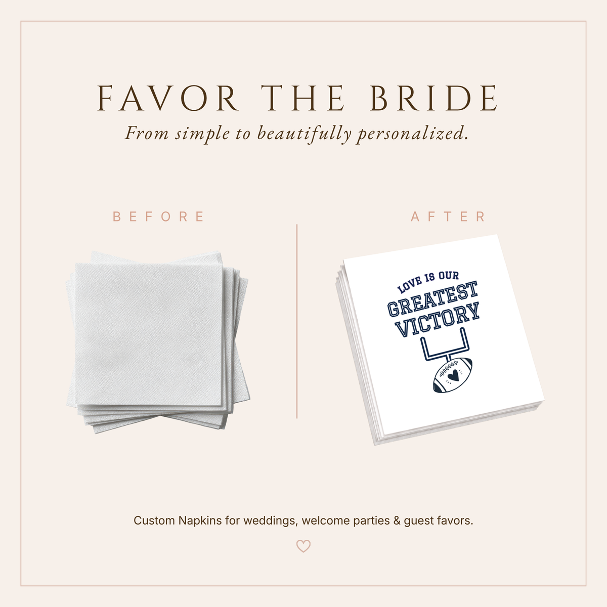 Love Is Our Greatest Victory wedding napkins with football goalpost artwork and navy blue sports inspired design.