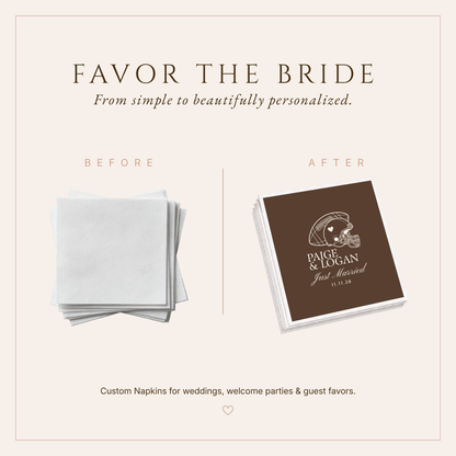 Football themed Just Married wedding napkins featuring a brown background, cream football artwork, romantic lettering, and personalized names.