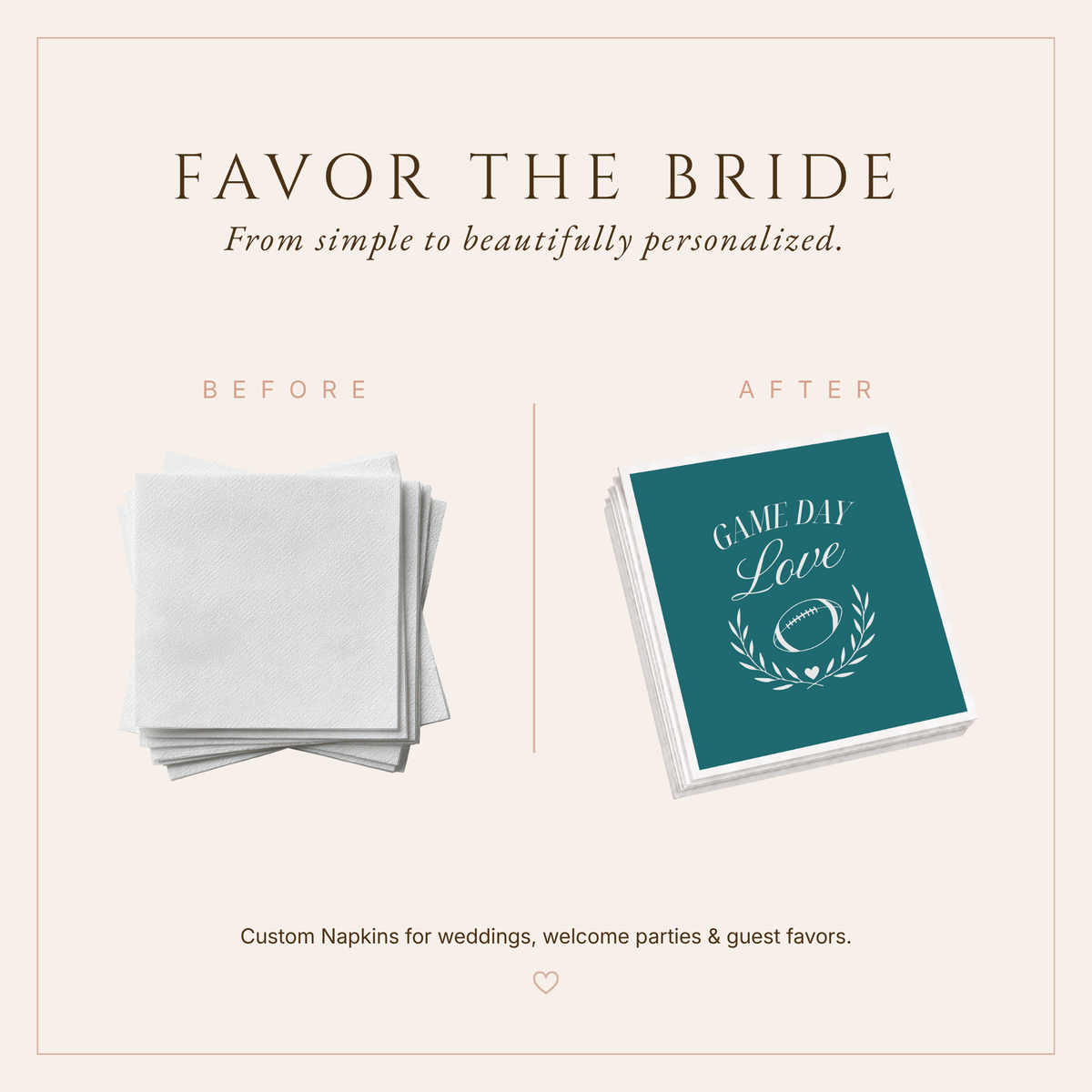 Game Day Love wedding napkins featuring teal background, white football artwork, romantic lettering, and sports inspired design.