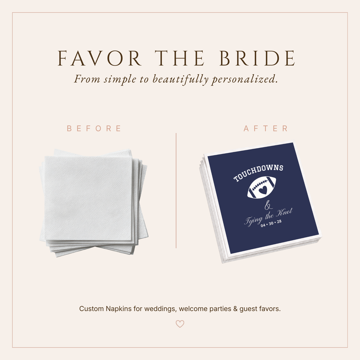 Touchdowns & Tying The Knot wedding napkins featuring navy blue sports inspired artwork and personalized wedding details.