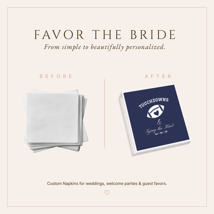 Touchdowns & Tying The Knot wedding napkins featuring navy blue sports inspired artwork and personalized wedding details.