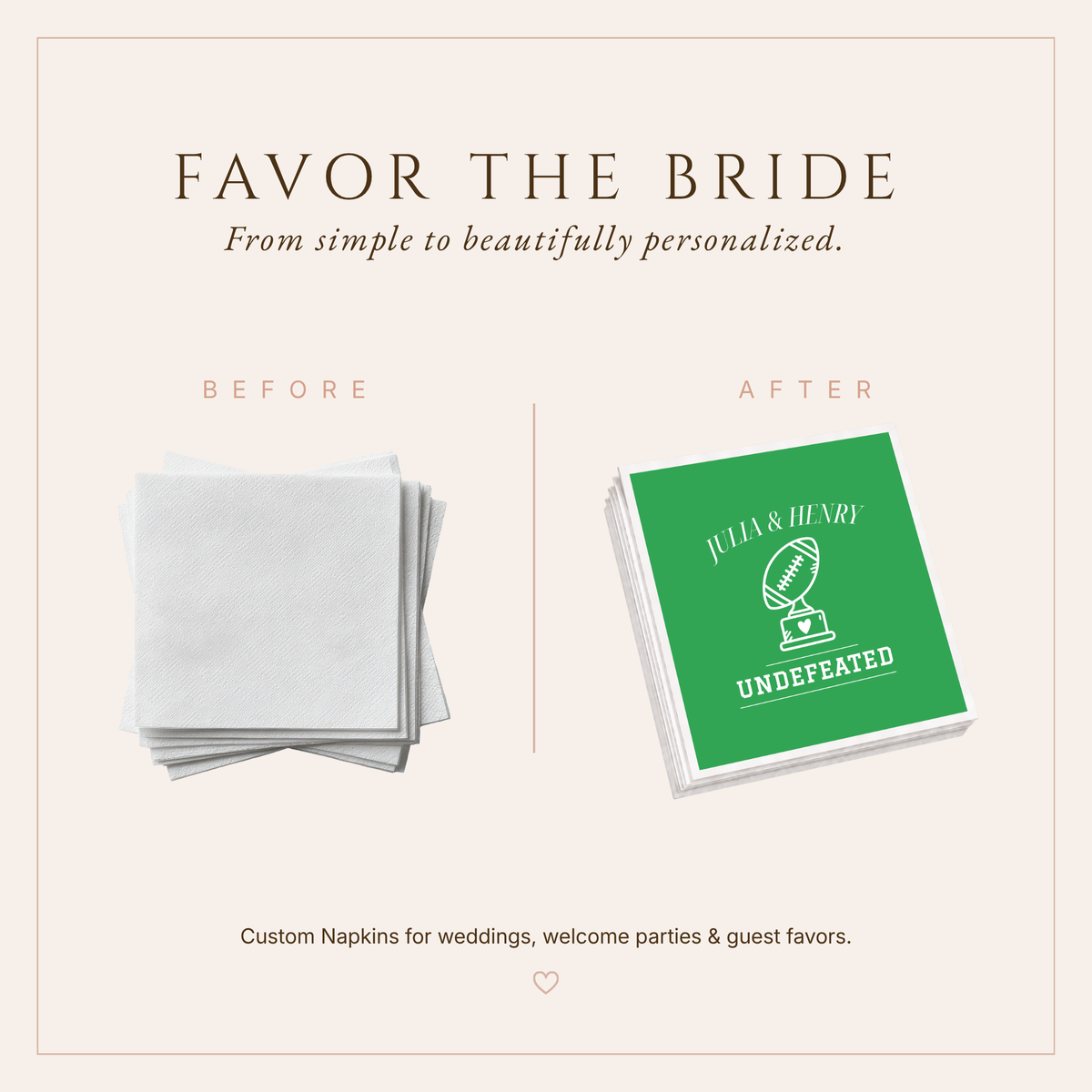 Green and white football themed wedding napkins featuring Undefeated wording, football trophy artwork, and personalized wedding details.