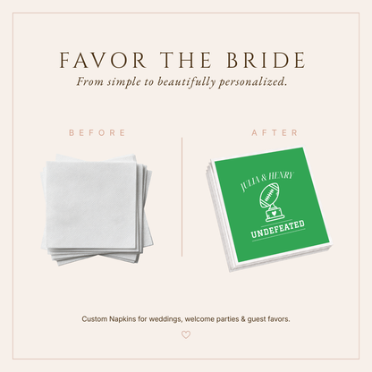 Green and white football themed wedding napkins featuring Undefeated wording, football trophy artwork, and personalized wedding details.