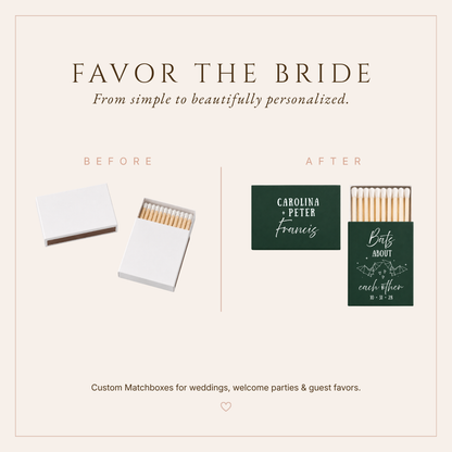 Bats About Each Other Halloween wedding matchbox featuring two bats, hearts, stars, and personalized wedding date.