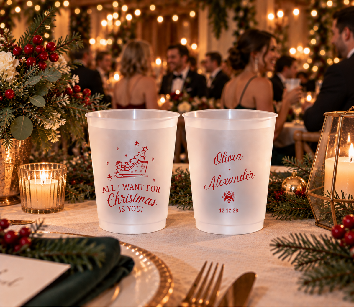 Holiday wedding drink cups featuring festive sleigh artwork and custom wedding details.