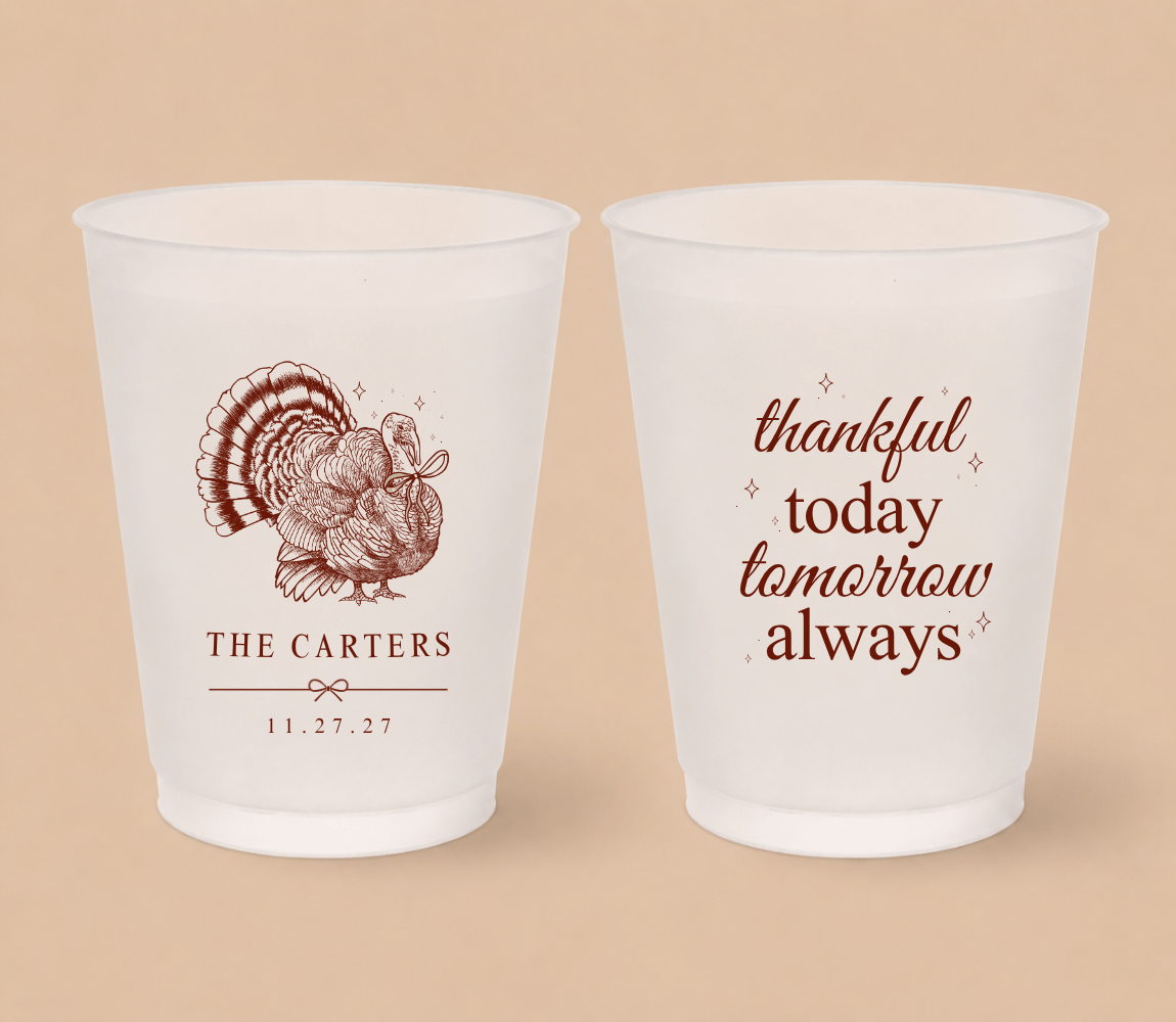 Personalized Thanksgiving wedding frosted cups with turkey illustration and thankful message