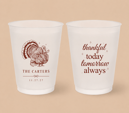 Personalized Thanksgiving wedding frosted cups with turkey illustration and thankful message