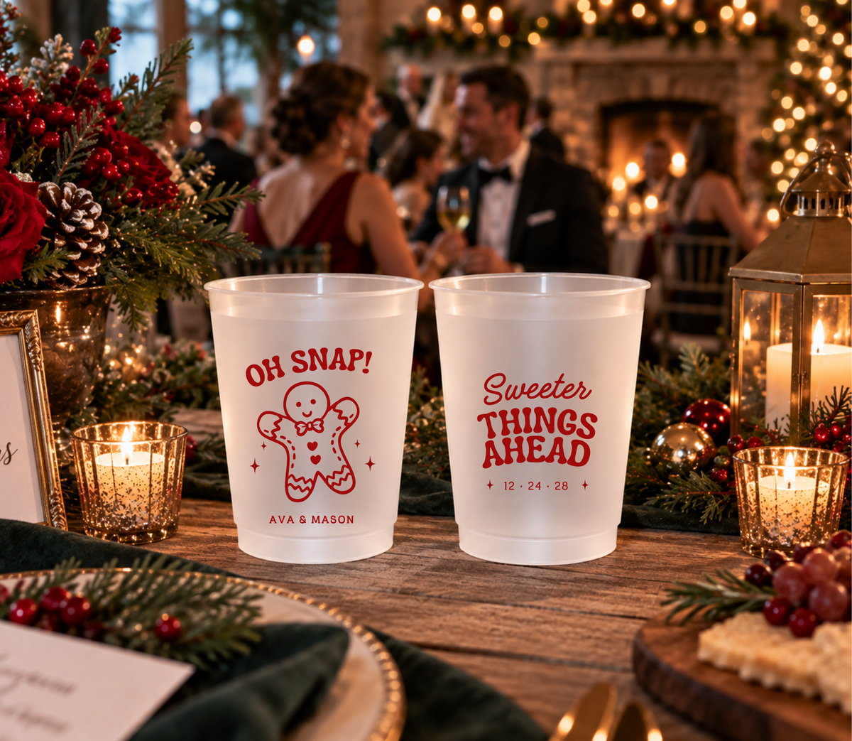 Holiday wedding drink cups featuring gingerbread and Christmas typography designs.