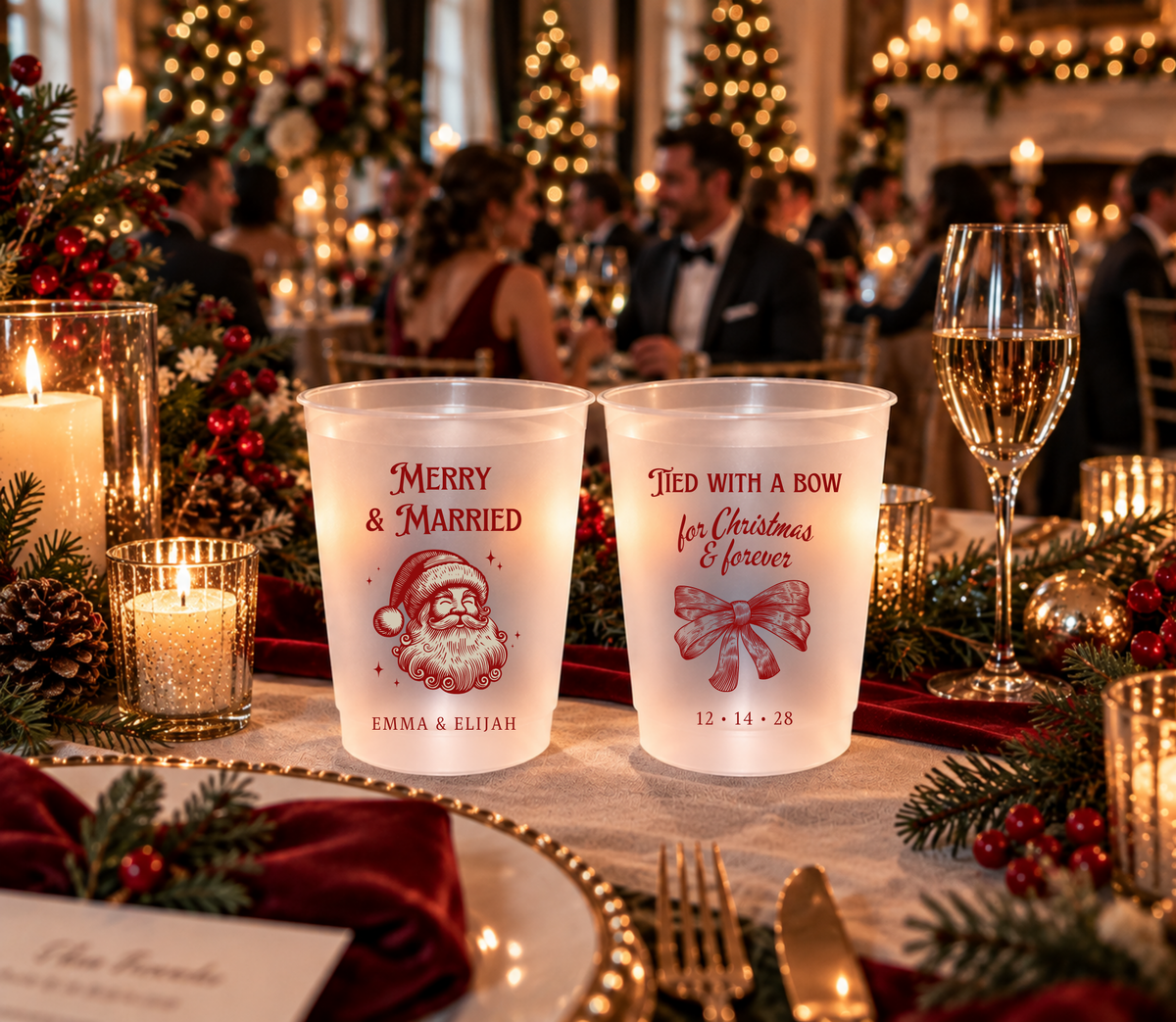 Vintage Christmas wedding drink cups featuring Santa and bow holiday designs.