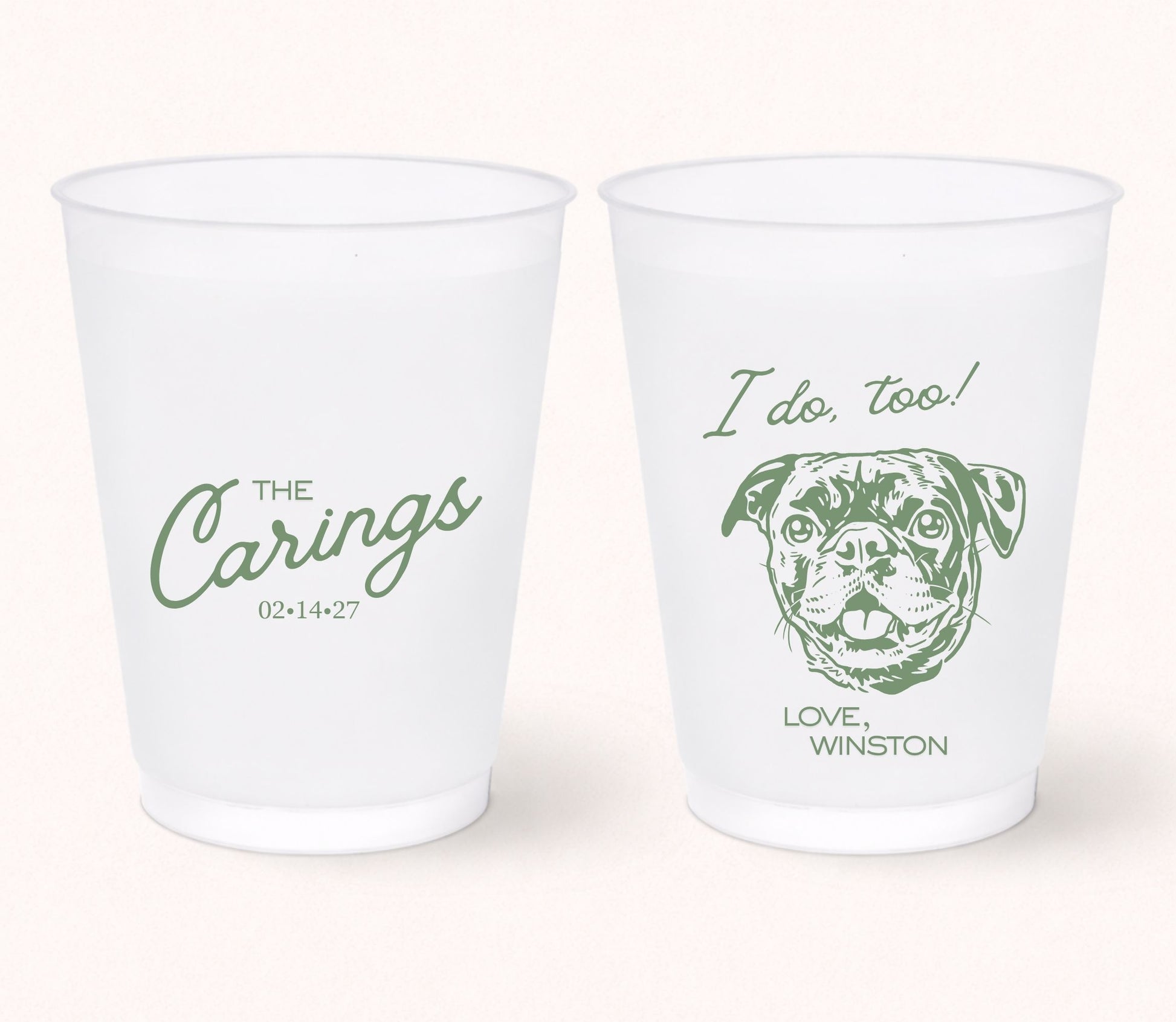 Two personalized frosted wedding cups featuring the family name The Carings, a custom pug portrait with the phrase "I Do, Too!", pet name Winston, and wedding date 02.14.27 printed in sage green.
Personalized frosted wedding cup featuring a custom dog portrait and the phrase "I Do, Too!"
Custom pet portrait wedding cup with family name, wedding date, and playful dog illustration.