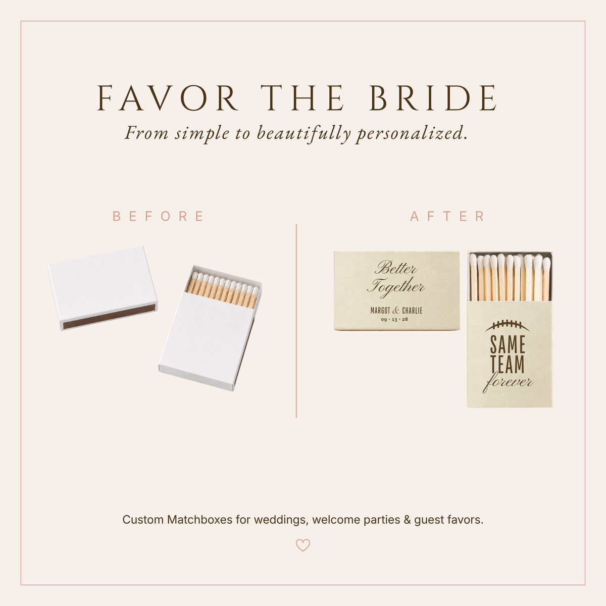 Football themed wedding matchboxes featuring Better Together wording, Same Team Forever artwork, custom names, and wedding date.