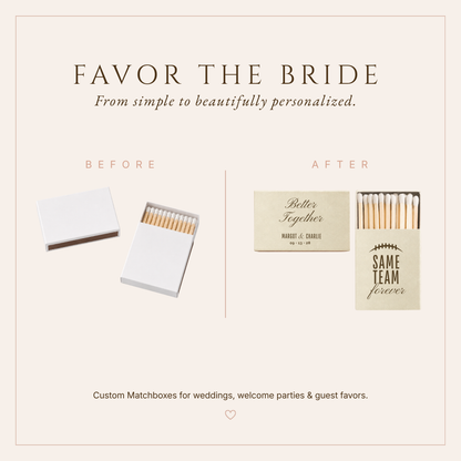 Football themed wedding matchboxes featuring Better Together wording, Same Team Forever artwork, custom names, and wedding date.