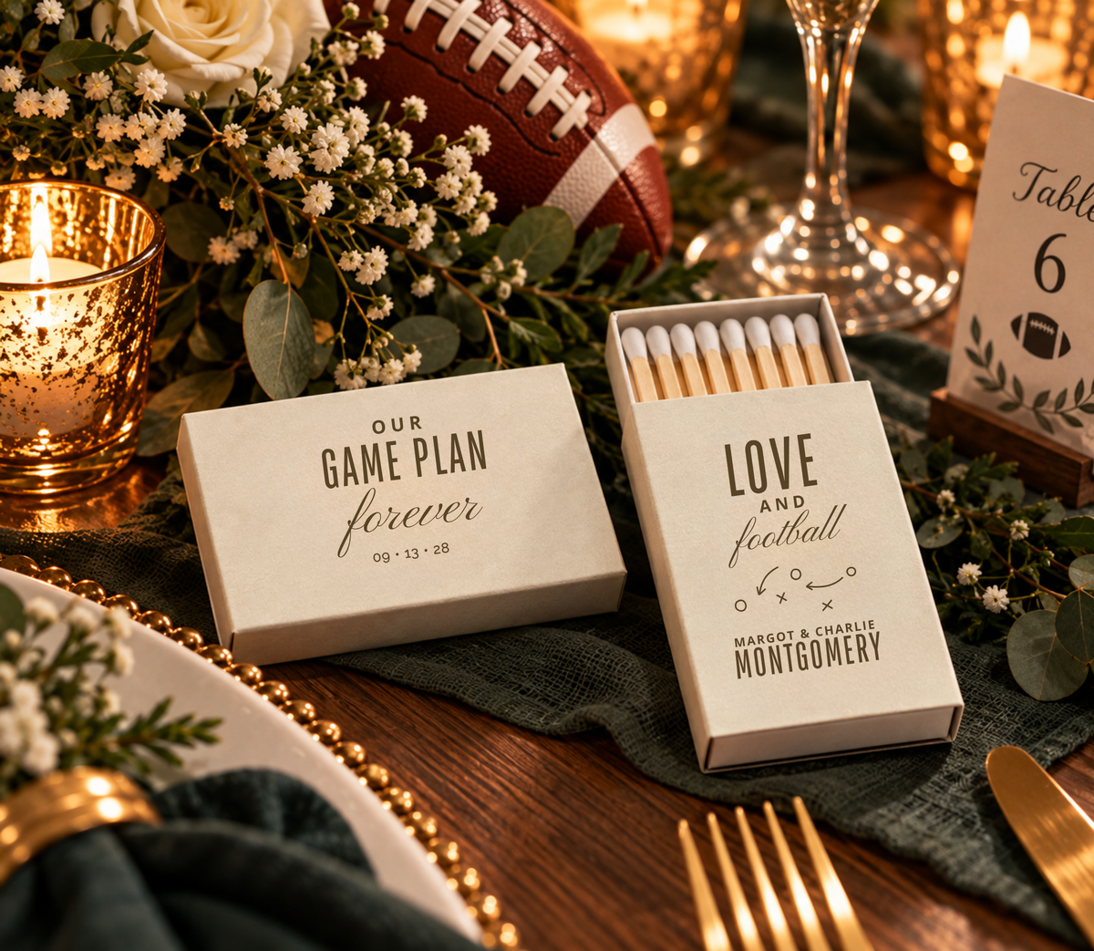 Football themed wedding matchboxes featuring romantic sports wording, football play artwork, personalized names, and wedding date.