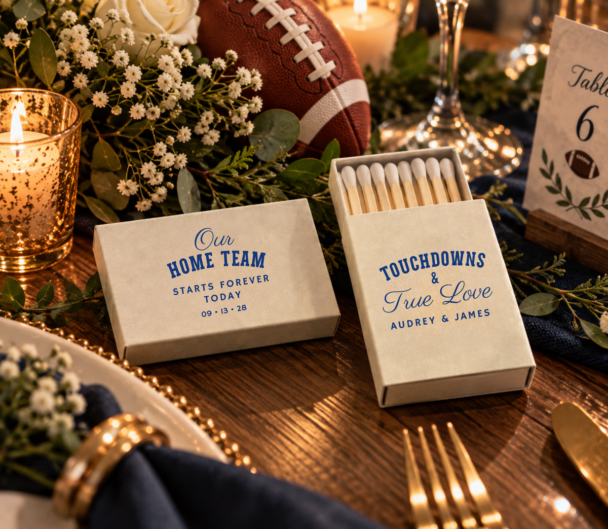 Football themed wedding matchboxes featuring Touchdowns & True Love, Audrey and James, and personalized wedding date.