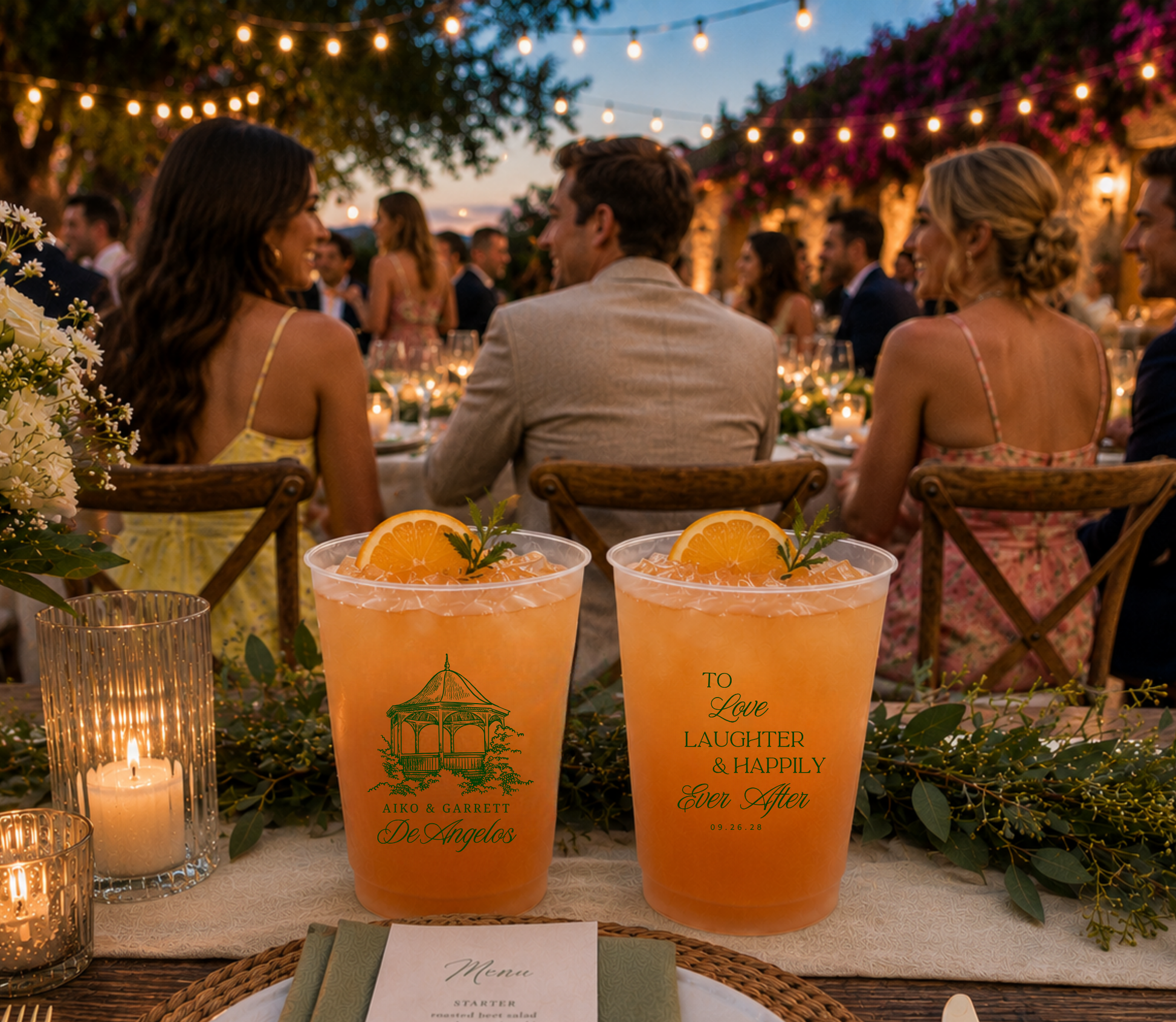 Garden wedding frosted cup featuring a gazebo drawing and romantic wedding quote.