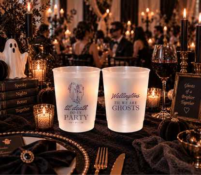 Til We Are Ghosts personalized wedding frosted cup featuring Wellington surname in dark plum typography.