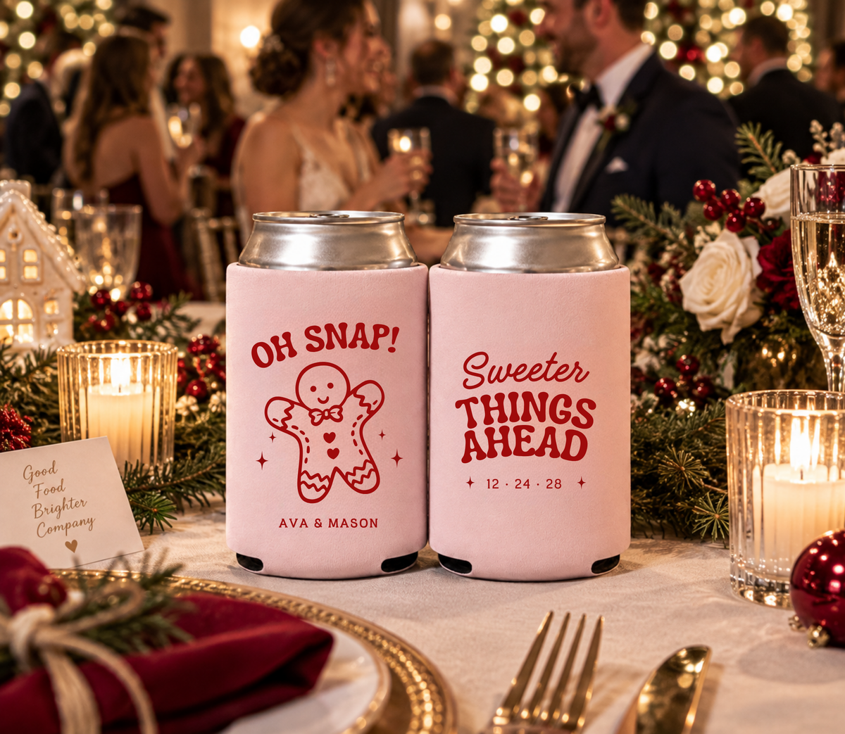 Sweeter Things Ahead Christmas wedding can cooler featuring personalized wedding date and retro red typography.