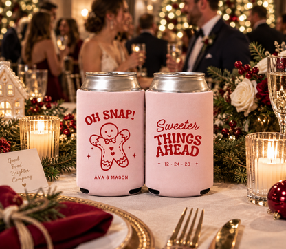 Sweeter Things Ahead Christmas wedding can cooler featuring personalized wedding date and retro red typography.