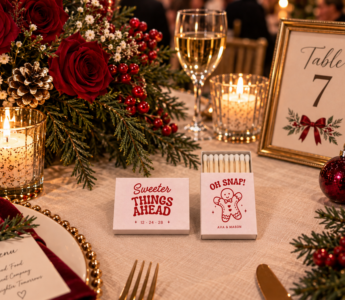 Cute Christmas wedding matchboxes with red gingerbread illustration, couple names, and date.