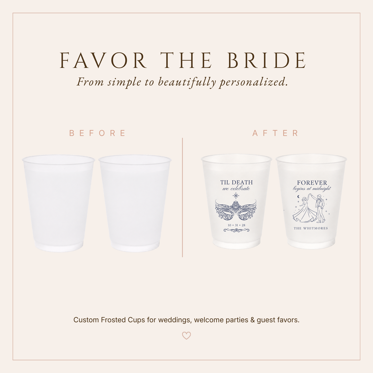 Elegant personalized wedding frosted cups featuring Til Death We Celebrate and Forever Begins at Midnight designs.