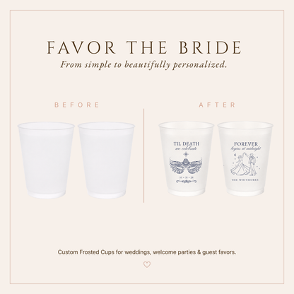 Elegant personalized wedding frosted cups featuring Til Death We Celebrate and Forever Begins at Midnight designs.