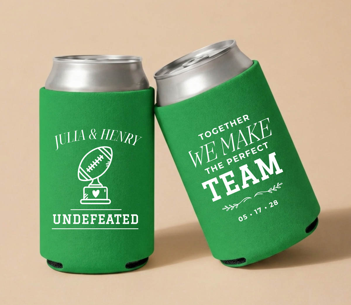 Personalized UndeFEATED football wedding can coolers featuring football trophy artwork, custom couple names, and wedding date.