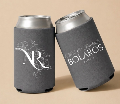 Charcoal gray personalized wedding can coolers with white floral monogram design for reception bars and wedding welcome bags