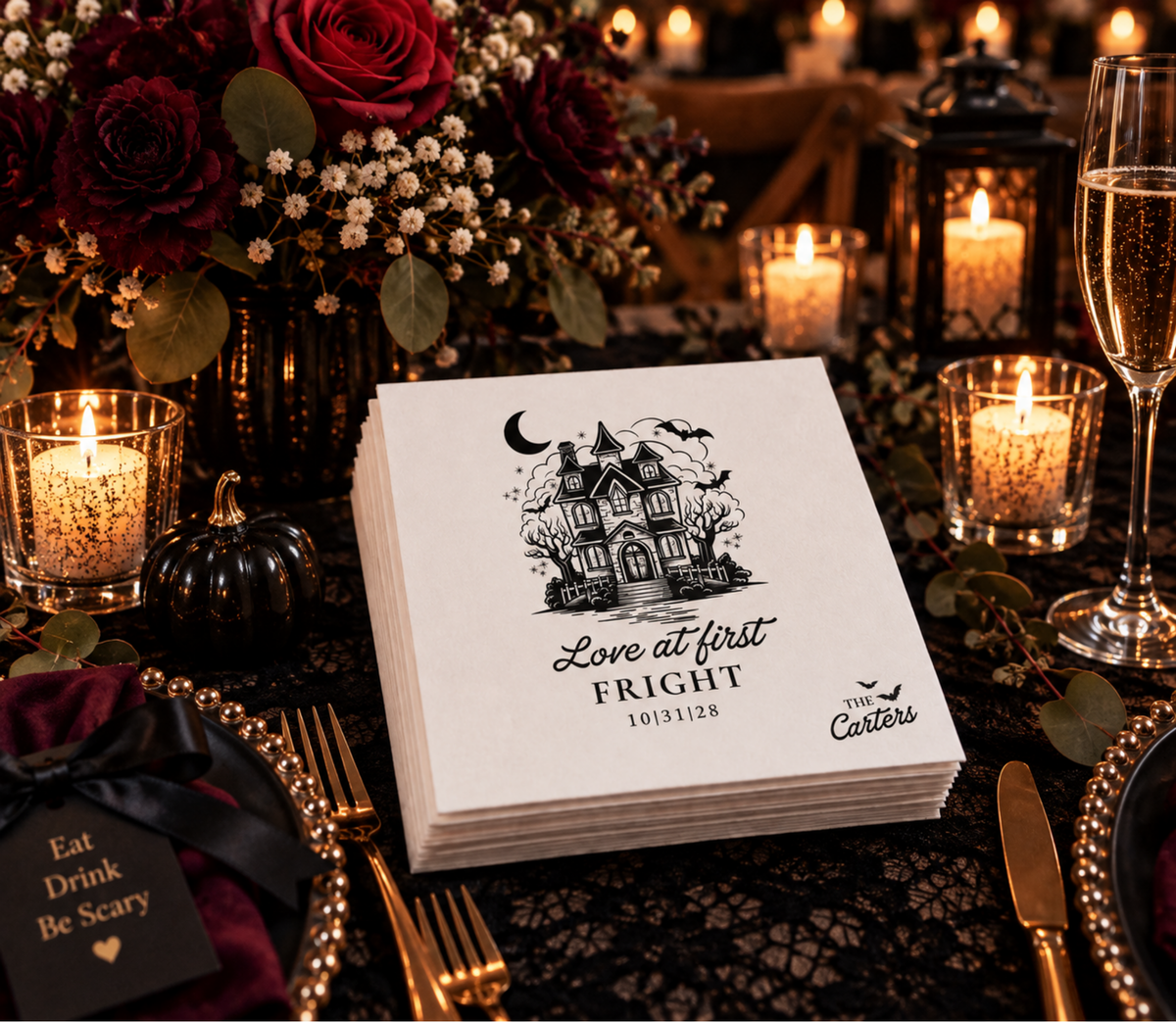 Love at First Fright personalized wedding napkin featuring a Victorian haunted mansion and flying bats.