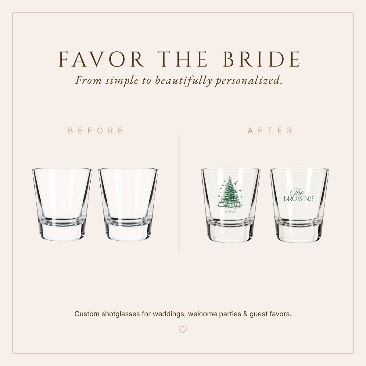 Christmas wedding reception shot glasses personalized with an evergreen tree, family name, and wedding date.