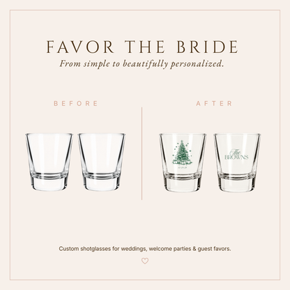 Christmas wedding reception shot glasses personalized with an evergreen tree, family name, and wedding date.