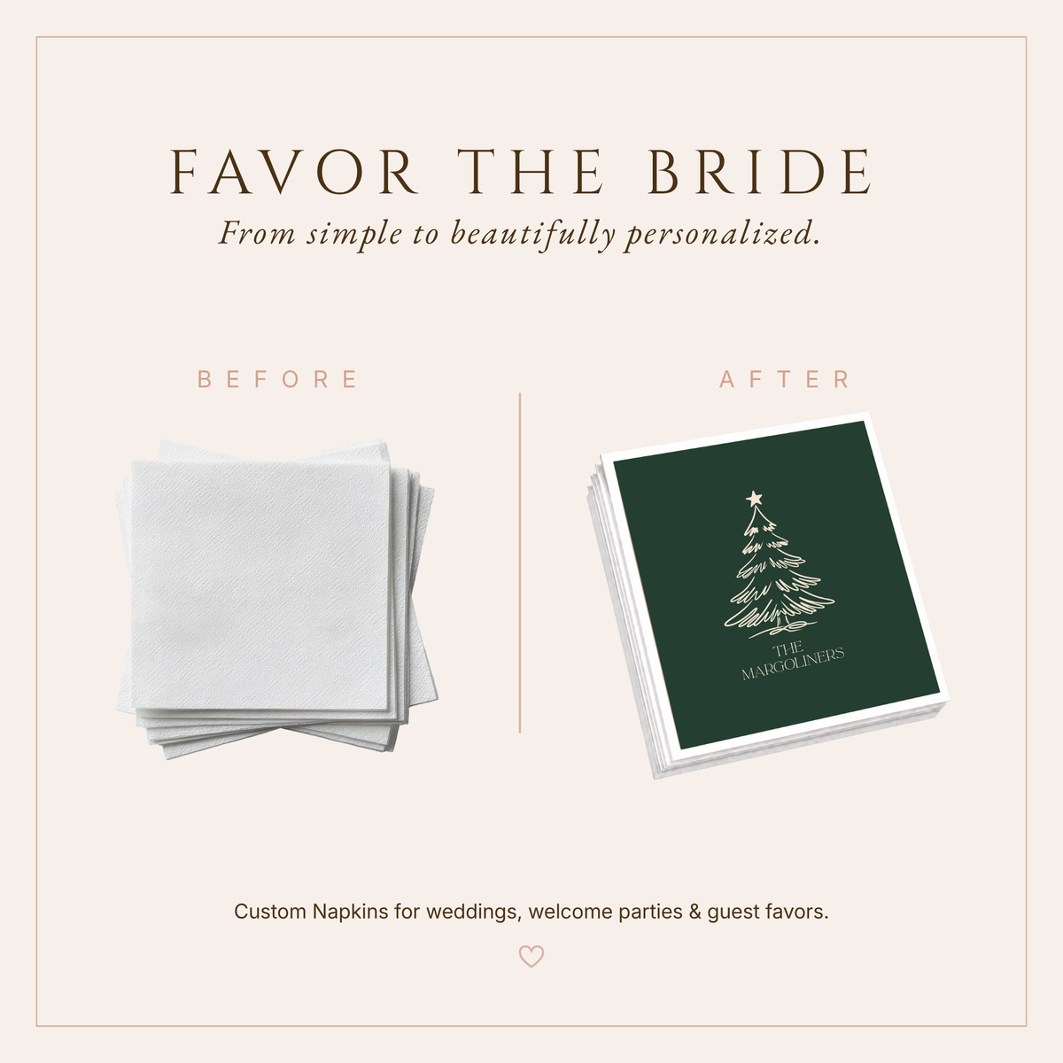 Elegant green and cream personalized napkins for a Christmas wedding reception.