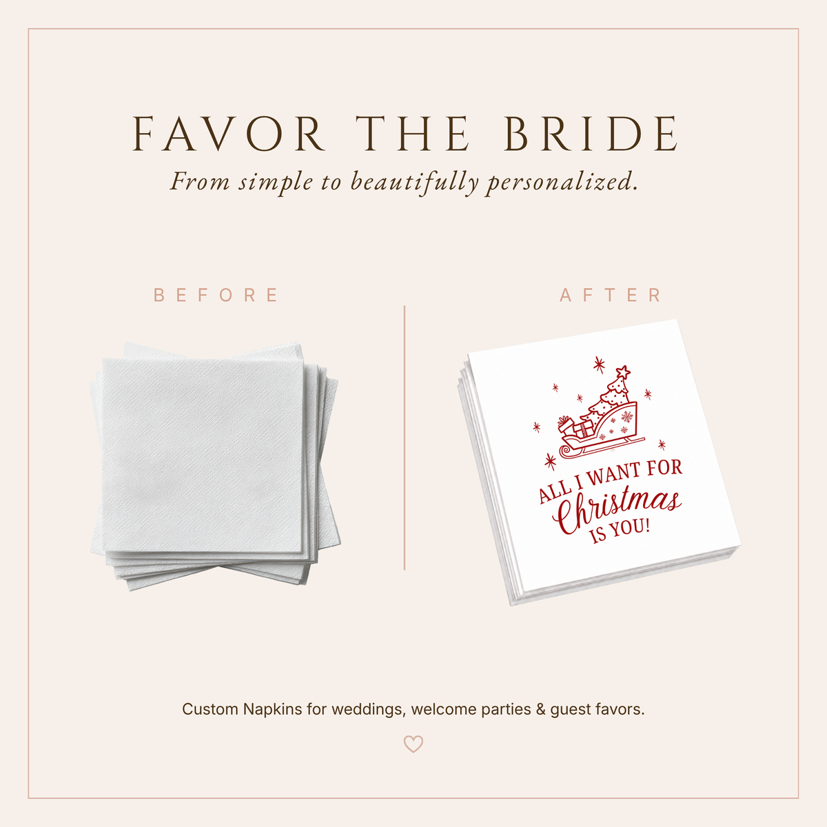 Christmas sleigh themed wedding reception napkins featuring festive holiday artwork and personalized couple details.