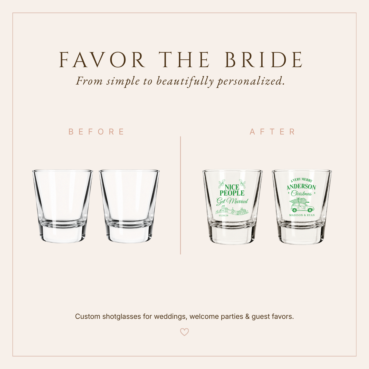 Festive Christmas wedding favor shot glasses featuring holiday village artwork and custom wedding personalization.