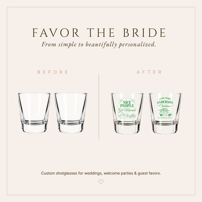 Festive Christmas wedding favor shot glasses featuring holiday village artwork and custom wedding personalization.