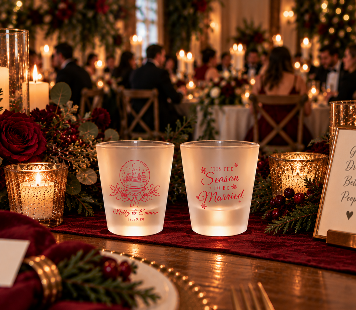 Christmas wedding favor shot glasses with winter village snow globe design, custom names, and wedding date.