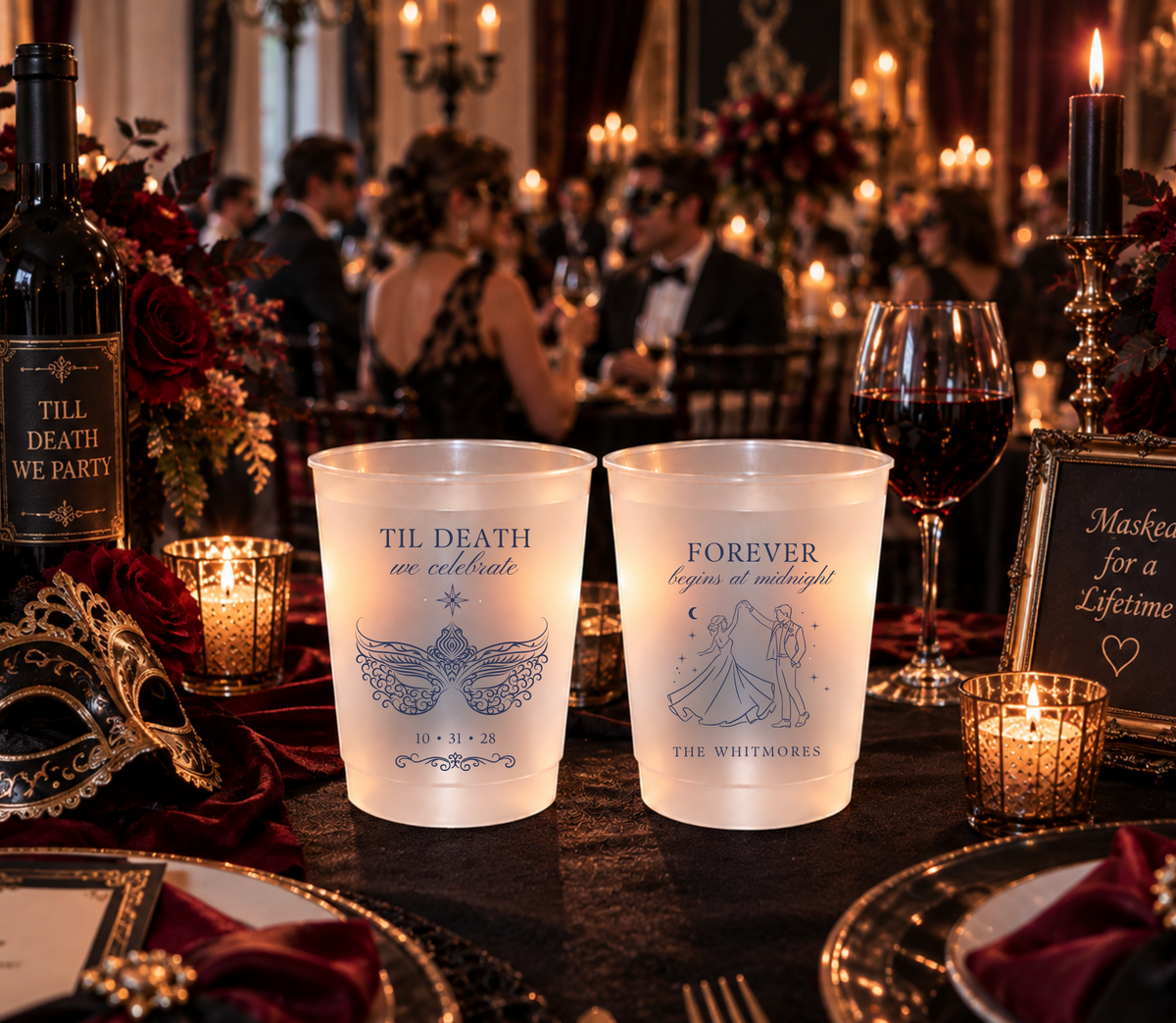 Forever Begins at Midnight wedding cup featuring a dancing bride and groom, crescent moon, stars, and Whitmores surname.