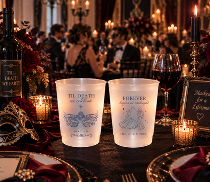 Forever Begins at Midnight wedding cup featuring a dancing bride and groom, crescent moon, stars, and Whitmores surname.