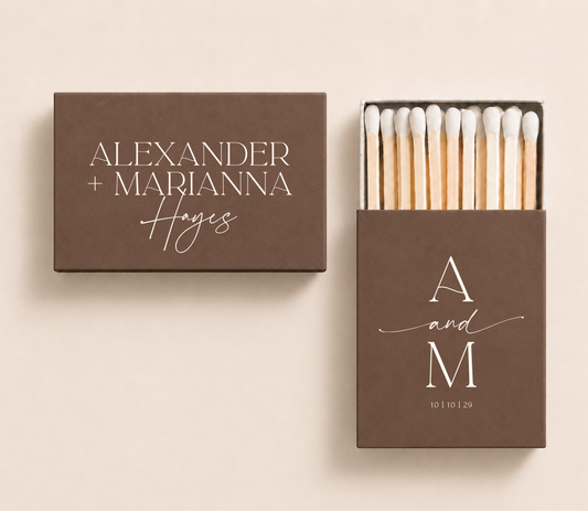 Personalized minimalist wedding matchboxes featuring custom initials, couple's names, family name, and wedding date in an elegant monogram design.