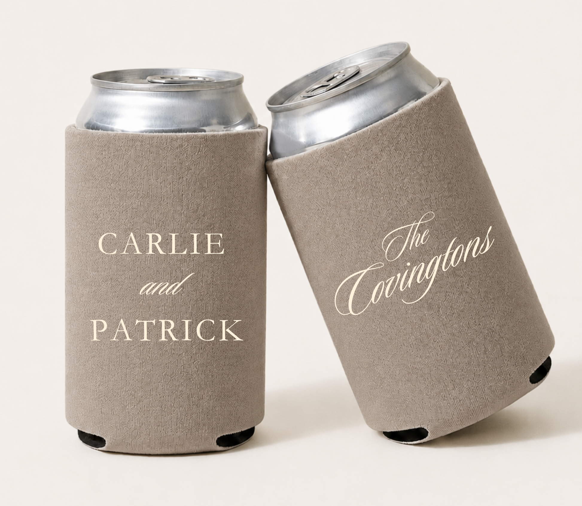 Personalized taupe wedding can coolers featuring custom couple names and elegant ivory family name script for minimalist wedding celebrations.