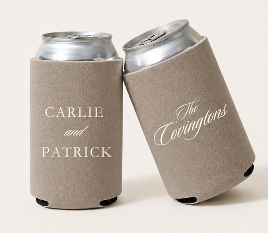 Personalized taupe wedding can coolers featuring custom couple names and elegant ivory family name script for minimalist wedding celebrations.
