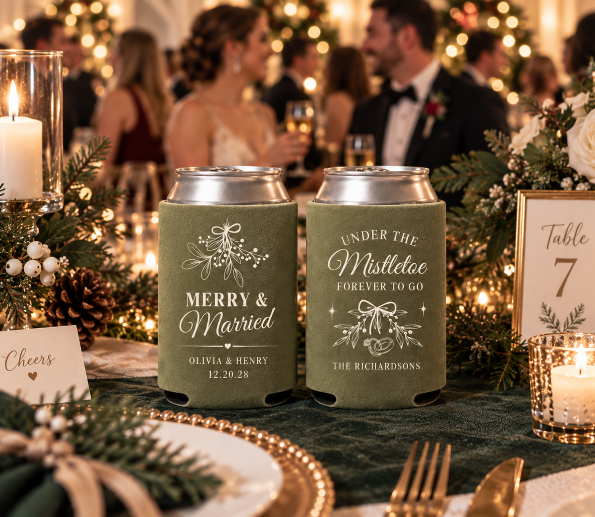Under the Mistletoe Forever to Go wedding can cooler featuring intertwined rings and The Richardsons surname.