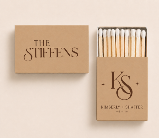 Personalized monogram wedding matchboxes featuring custom initials, family name, couple's names, and wedding date in an elegant minimalist design.