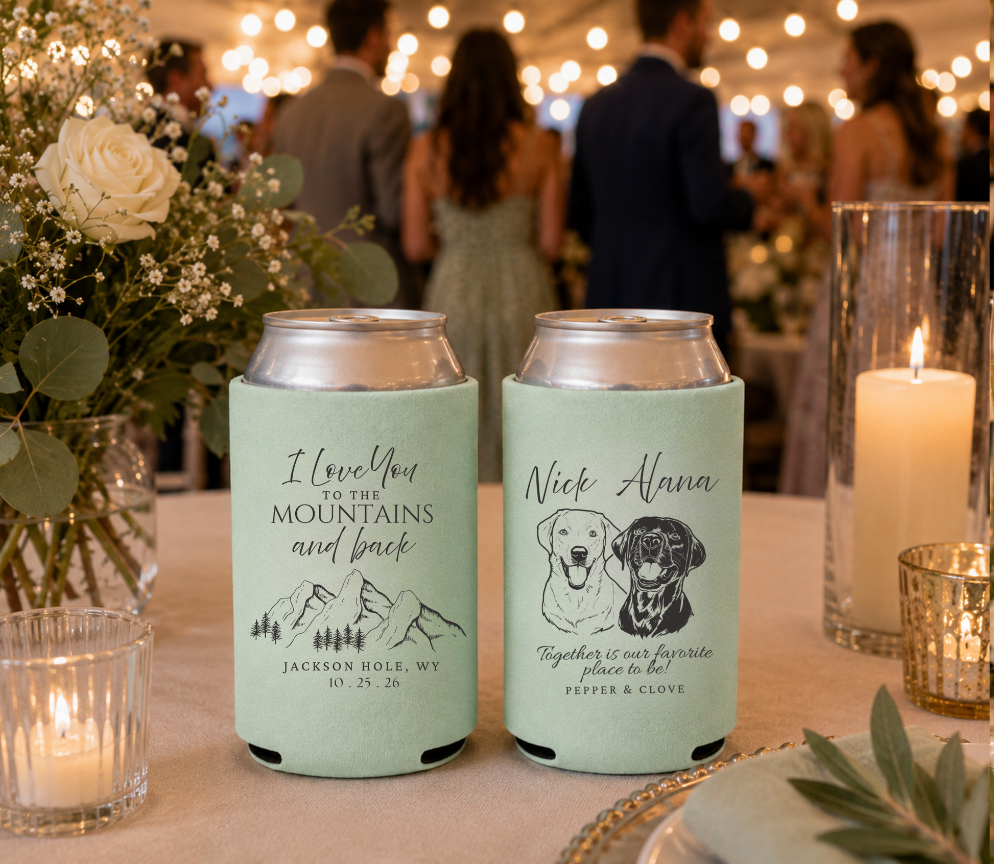Custom mountain wedding can cooler with dog portrait