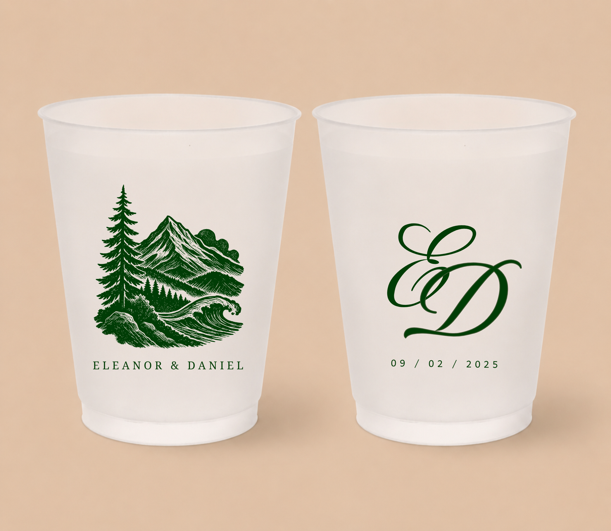 White frosted wedding cups featuring a scenic mountain landscape illustration with personalized couple names, elegant monogram, and wedding date.

Custom outdoor wedding frosted cup with mountain artwork and elegant monogram.

Nature inspired frosted wedding cup personalized with couple names and wedding date.