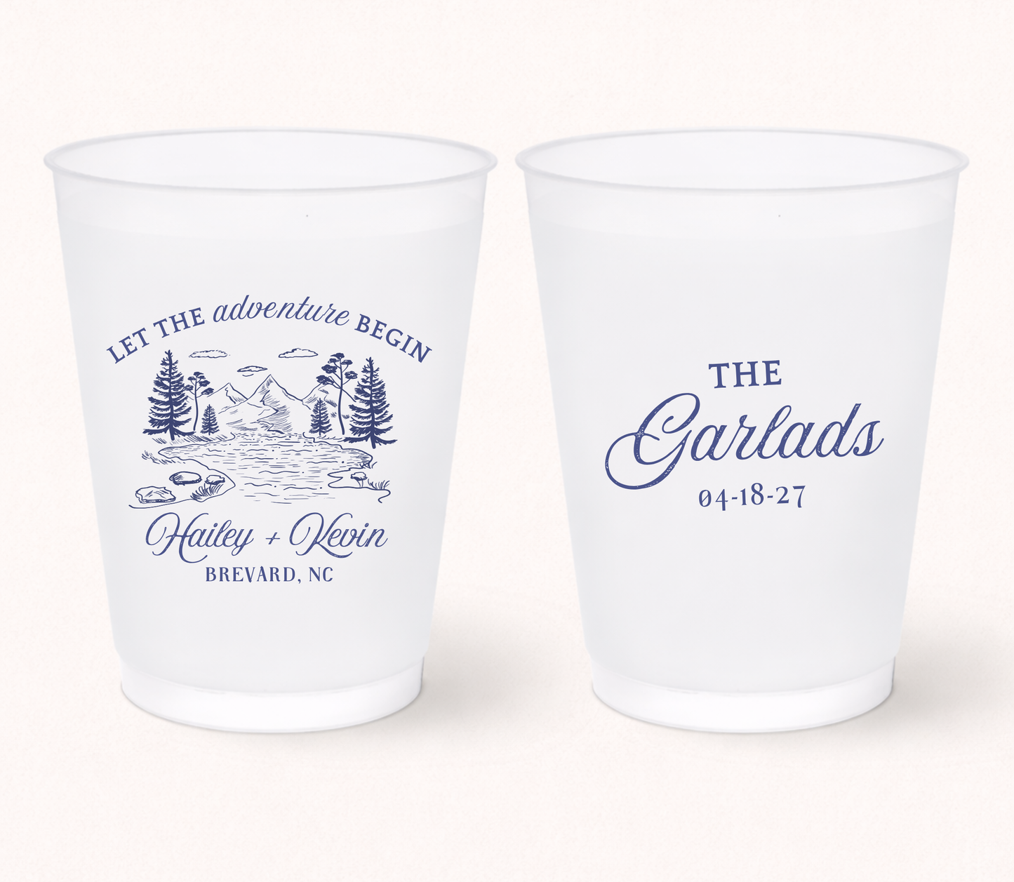 Custom mountain wedding frosted cups
Personalized outdoor wedding cups
Forest landscape wedding favor
Mountain wedding cups with names and date