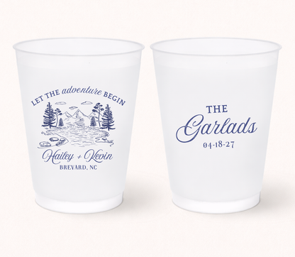 Custom mountain wedding frosted cups
Personalized outdoor wedding cups
Forest landscape wedding favor
Mountain wedding cups with names and date